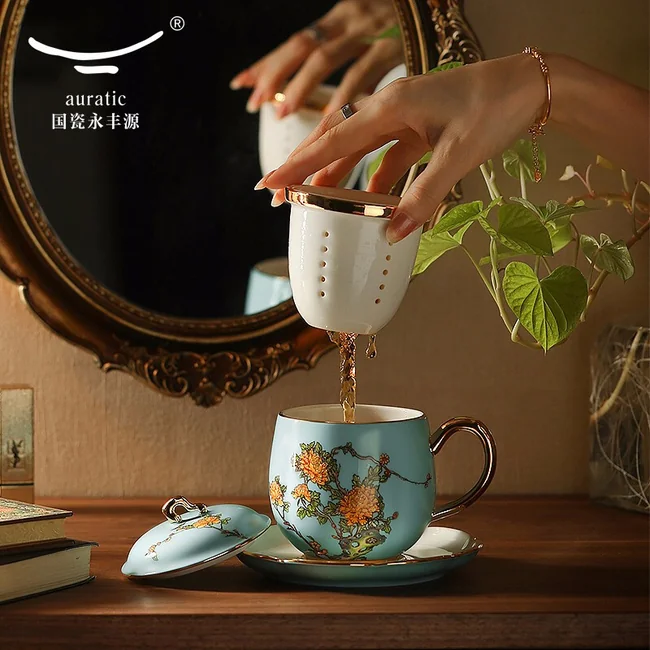 中式精美餐具·Auratic 国瓷永丰源夫人瓷西湖蓝泡茶杯四件套盖杯280ml