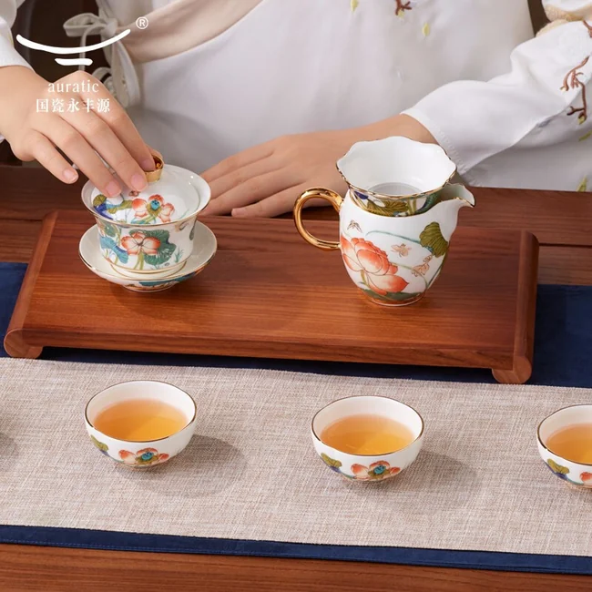 AURATIC 国瓷永丰源 中国茶器 新品 ソーサーセット＋スプーン 精美茶具推荐·Auratic 国瓷永丰源幸福和鸣9头茶具套装中式礼品套装