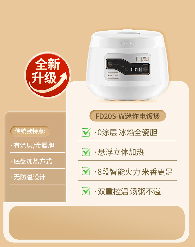 Joydeem 迷你电饭煲rice cooker small  陶瓷内胆 0氟电饭煲 立体加热 24小时预约 2L（4 cup）