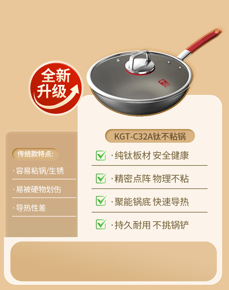 康巴赫 炒锅 无涂层钛不粘锅家用少油烟平底炒菜锅电磁炉明火通用 新品无涂层钛不粘锅 32cm