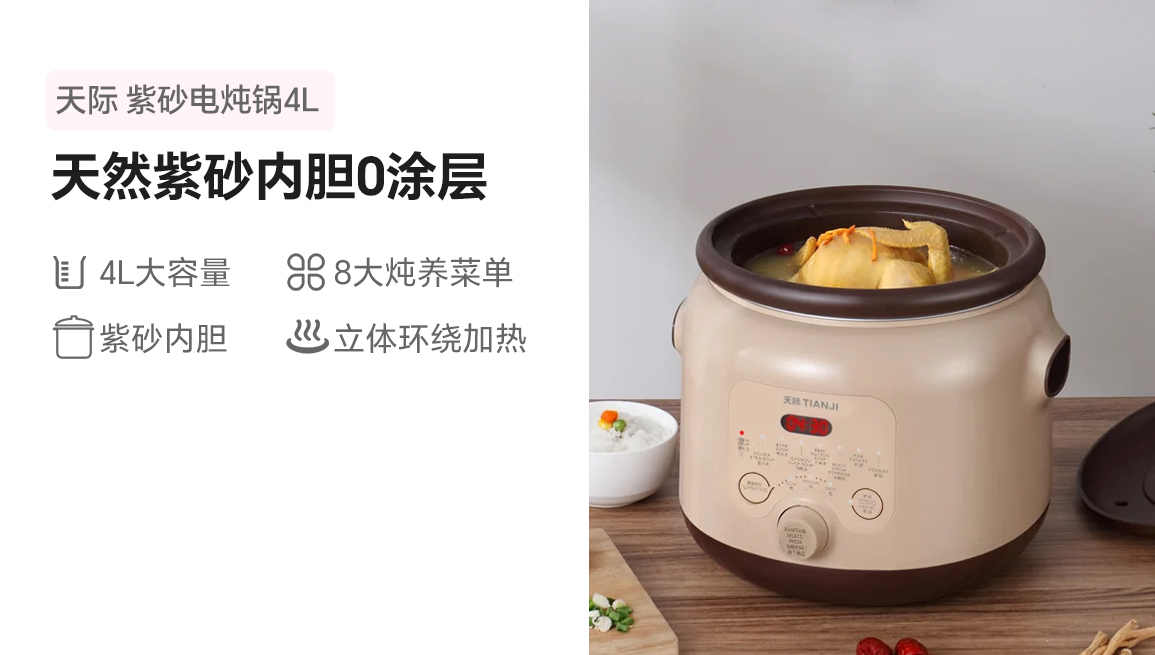 Tianji 天际 电炖锅DGD40-40SED 煲汤锅炖汤锅 紫砂内胆智能预约可定时 4L 