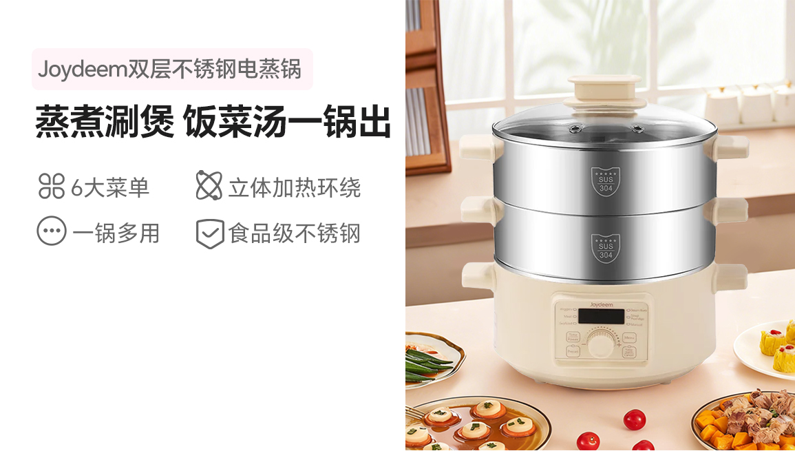 Joydeem 双层不锈钢电蒸锅DZG-A100 分体式多用途锅 预约定时保温带防干烧 25.5CM 