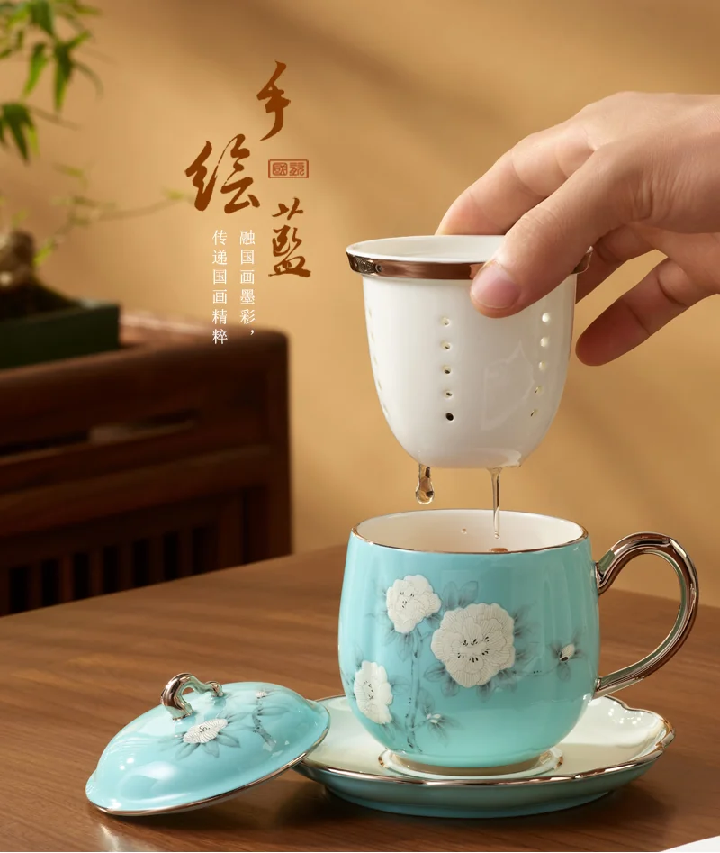 精美茶具推荐·Auratic 国瓷永丰源夫人瓷手绘蓝四件套盖杯陶瓷泡茶杯280ml